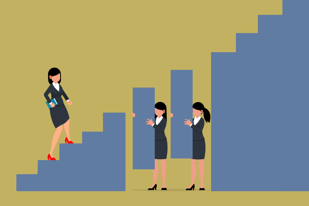 Illustration of business professionals building upward steps together, representing the 10 building blocks of a succession planning framework for sustainable growth and leadership continuity.