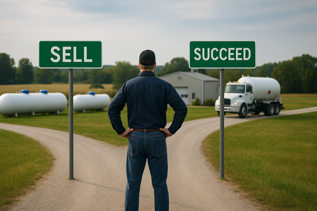 Propane business owner standing at a crossroads with signs pointing to different exit options.