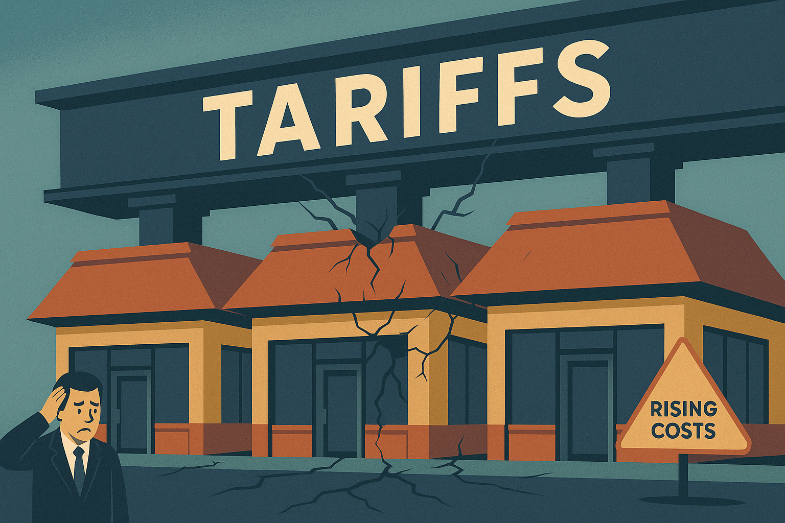 Stylized illustration of three identical storefronts under pressure from a massive steel beam labeled “TARIFFS.” The middle building appears buckled, with cracks running through the structures and the ground. A worried business owner stands to the side, and a triangular warning sign in the foreground reads “RISING COSTS.” The scene uses bold shapes and a muted color palette to convey economic strain on franchise businesses.
