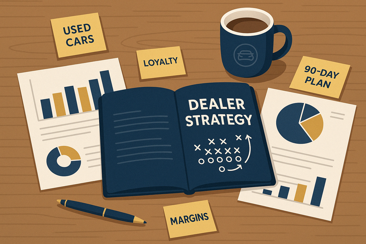 op-down illustration of a dealership manager’s wooden desk. At the center is an open navy blue playbook labeled “Dealer Strategy,” with a football-style diagram inside. Surrounding the playbook are printed bar and pie charts, sticky notes with the words “Used Cars,” “Loyalty,” “Margins,” and “90-Day Plan,” a navy coffee mug with a dealership logo, and a pen. The scene is neat but active, evoking a sense of focused strategic planning. Brand colors deep navy blue, muted slate blue, and gold are used throughout.