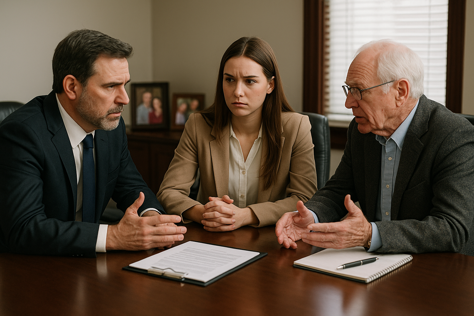 Three generations of a family having a serious discussion in a family business setting.