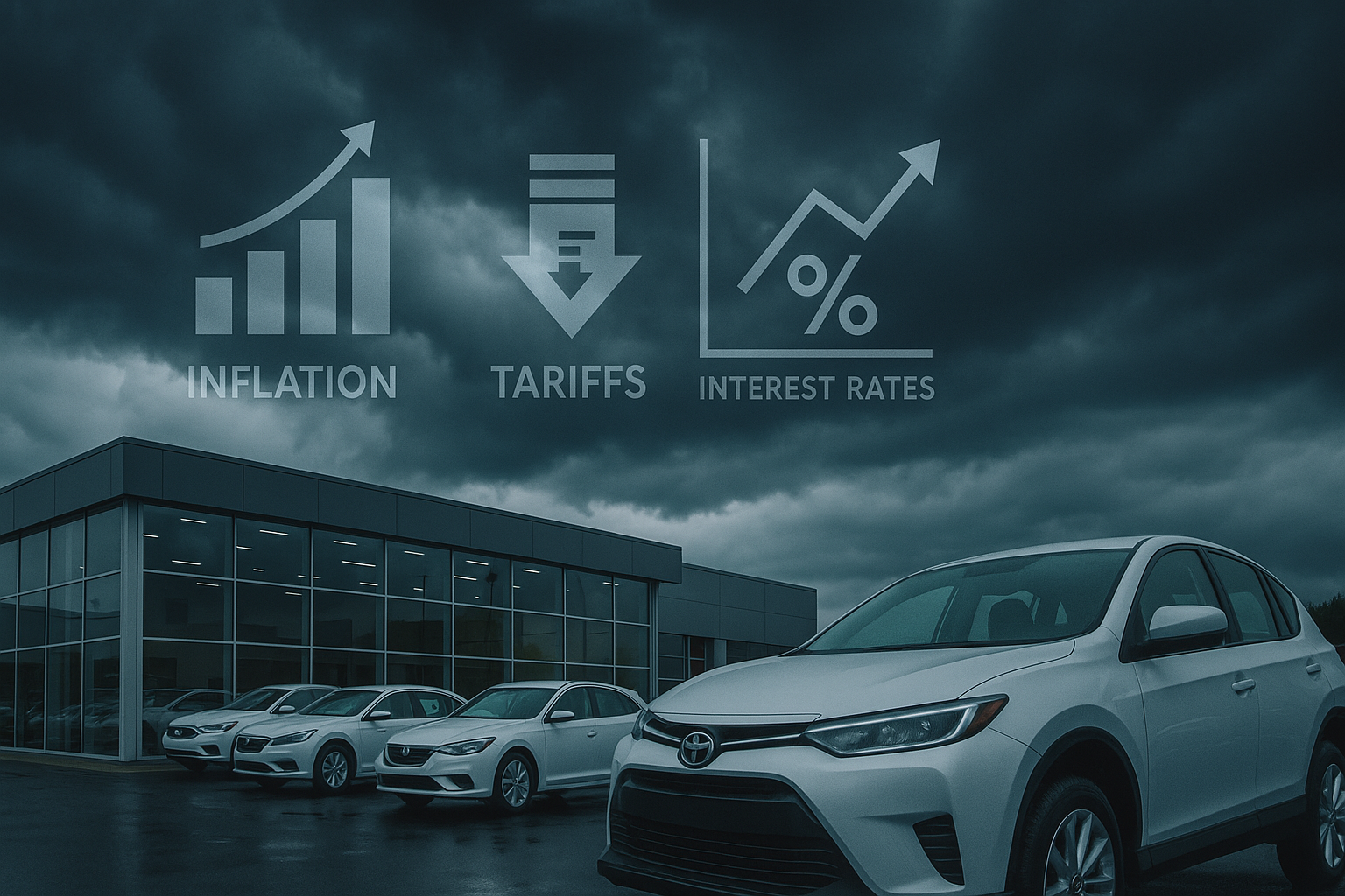 A modern car dealership sits under dark, stormy skies, with a row of white vehicles parked in front. Transparent icons hover above the building, representing economic challenges: an upward inflation chart, a downward tariff symbol, and a rising interest rate graph. The scene conveys uncertainty in the auto industry while hinting at resilience and strategic awareness.