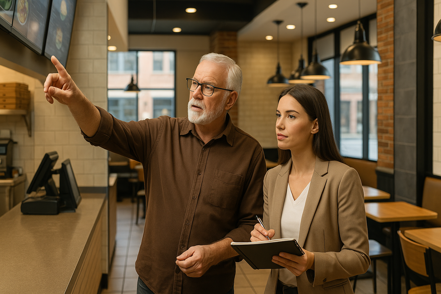 An older man and a younger woman stand inside a modern fast-casual restaurant, reviewing plans together. The man points to a digital menu screen while the woman holds a notepad, symbolizing strategic mentorship and co-leadership in a multi-unit franchise setting.