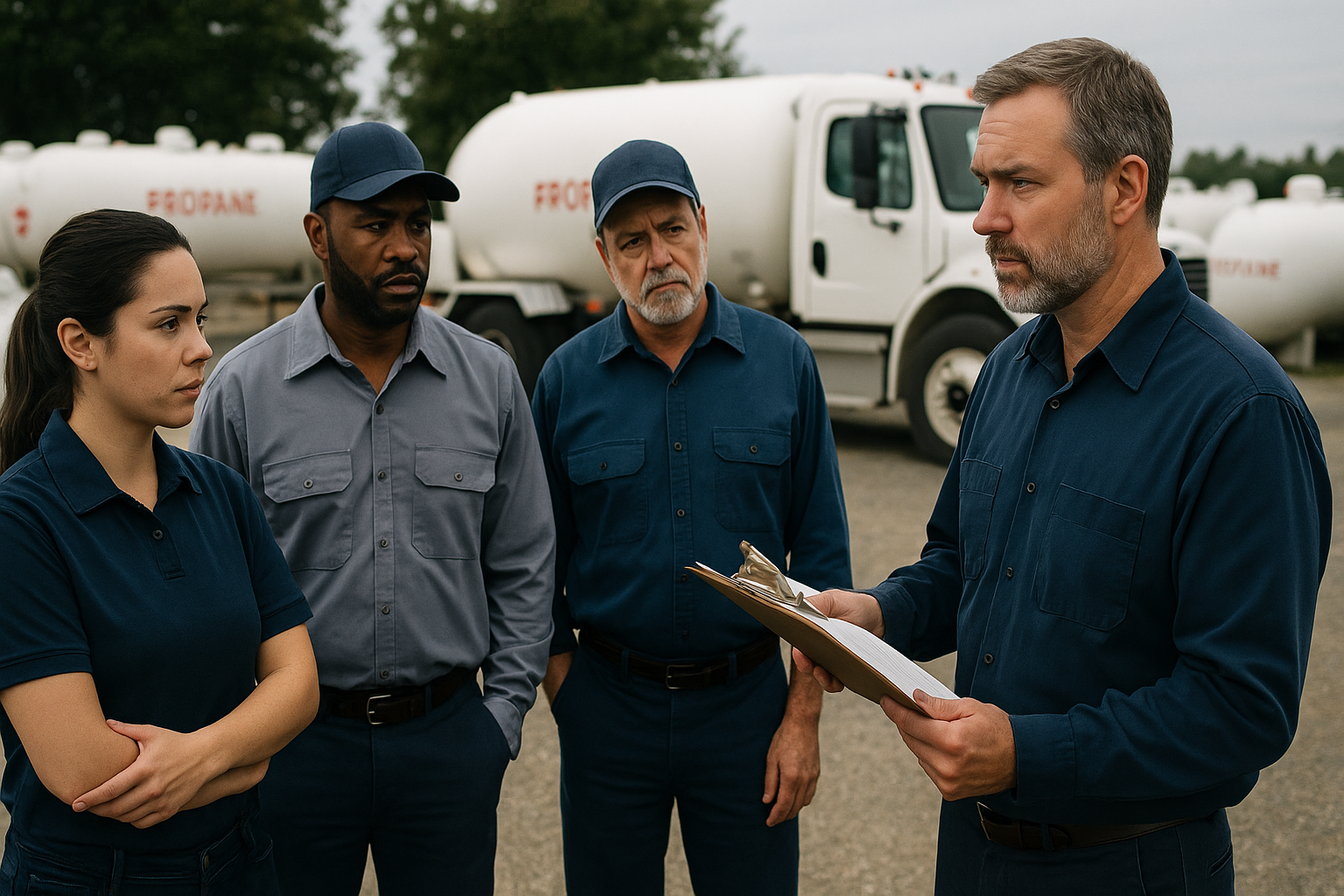 A propane manager leads a pre-shift huddle with a diverse team of workers in front of bobtail trucks and propane tanks, symbolizing the internal team impact of tariffs on propane dealers.