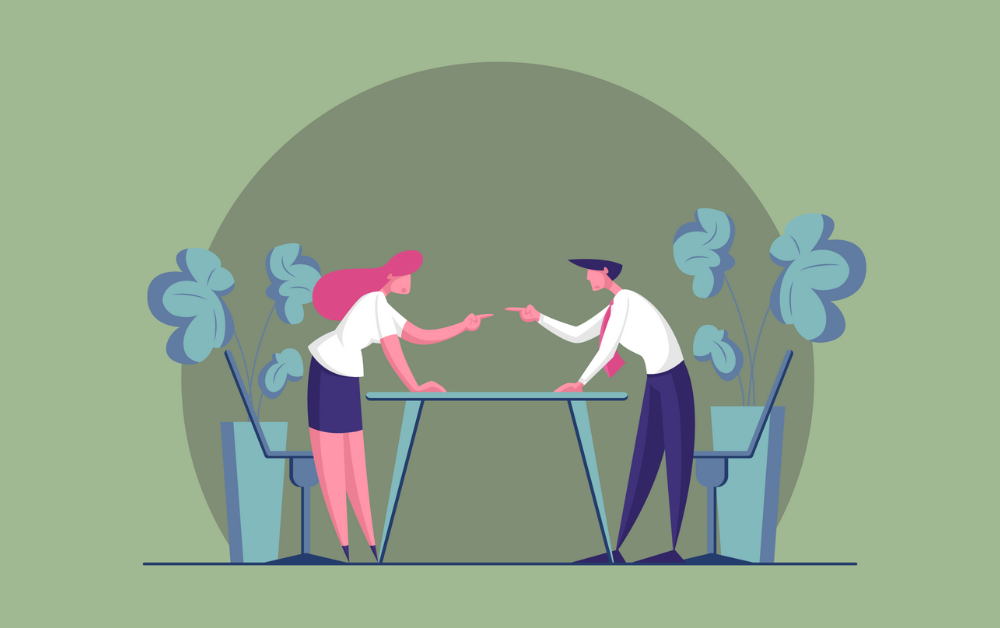 Illustration of two businesspeople leaning over a table and pointing at each other in disagreement, symbolizing sibling conflict in a family business.