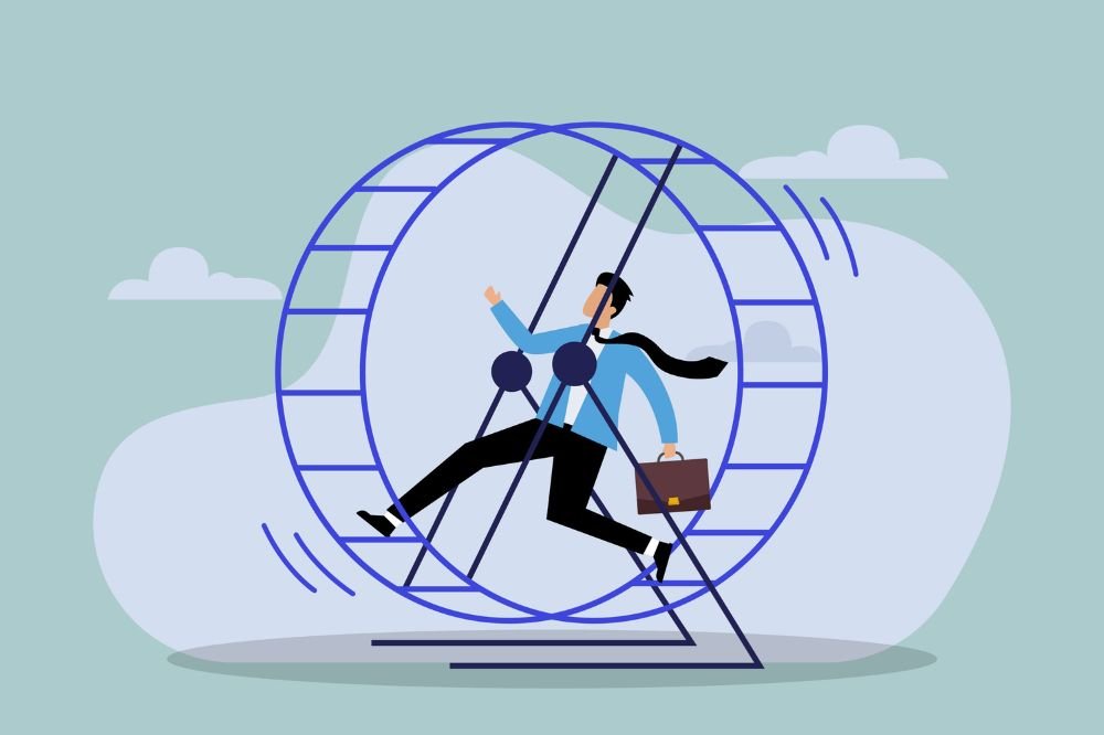 Illustration of a businessperson running in a hamster wheel, symbolizing the need for strategic business growth planning to move beyond constant activity without direction.