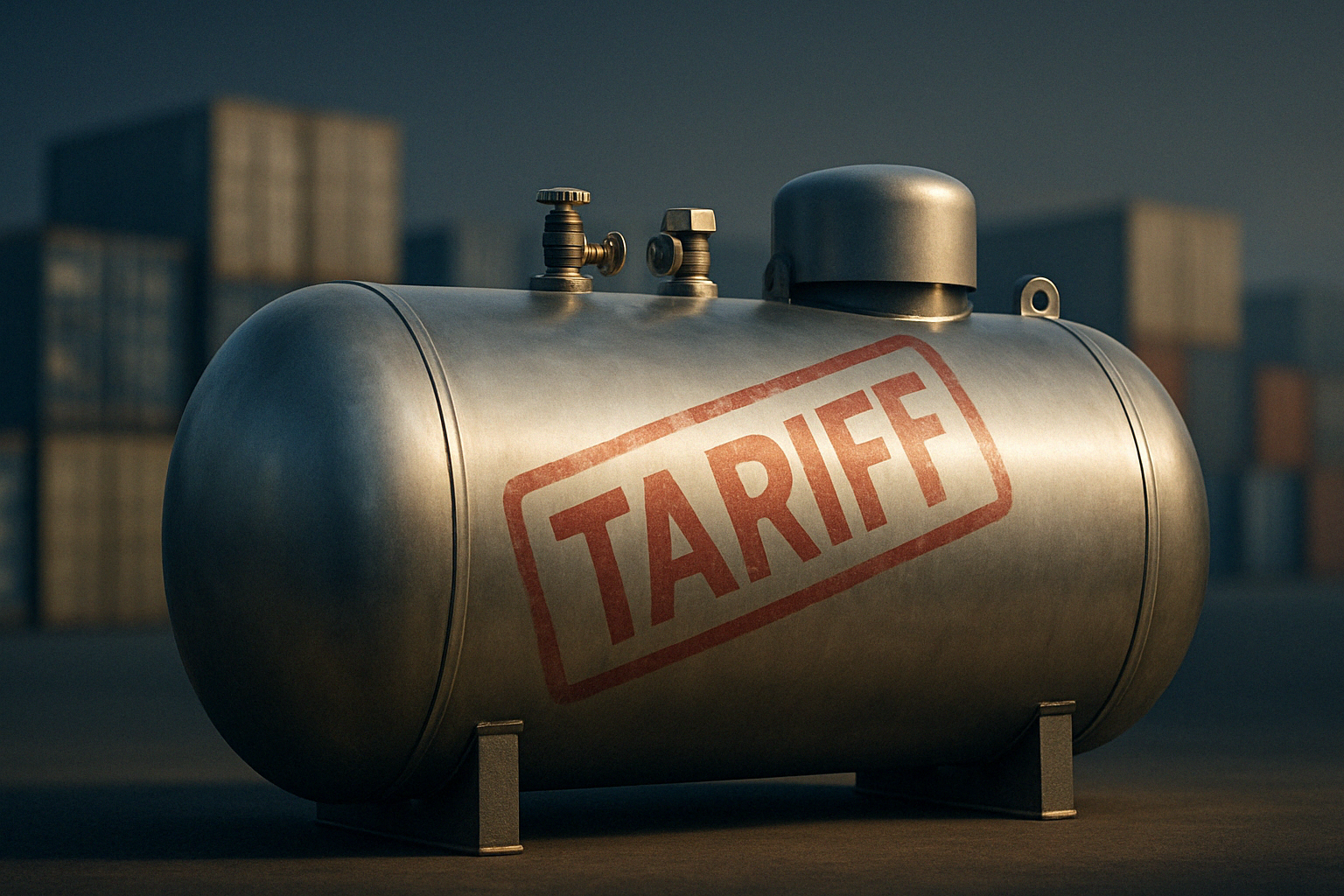 A large, cylindrical industrial propane tank made of shiny steel sits in the foreground with a red "TARIFF" stamp diagonally across it, symbolizing regulatory impact. In the background, muted shipping containers and blurred global trade imagery suggest international commerce. The image uses deep navy, slate blue, and soft gold tones to create a serious, strategic atmosphere.