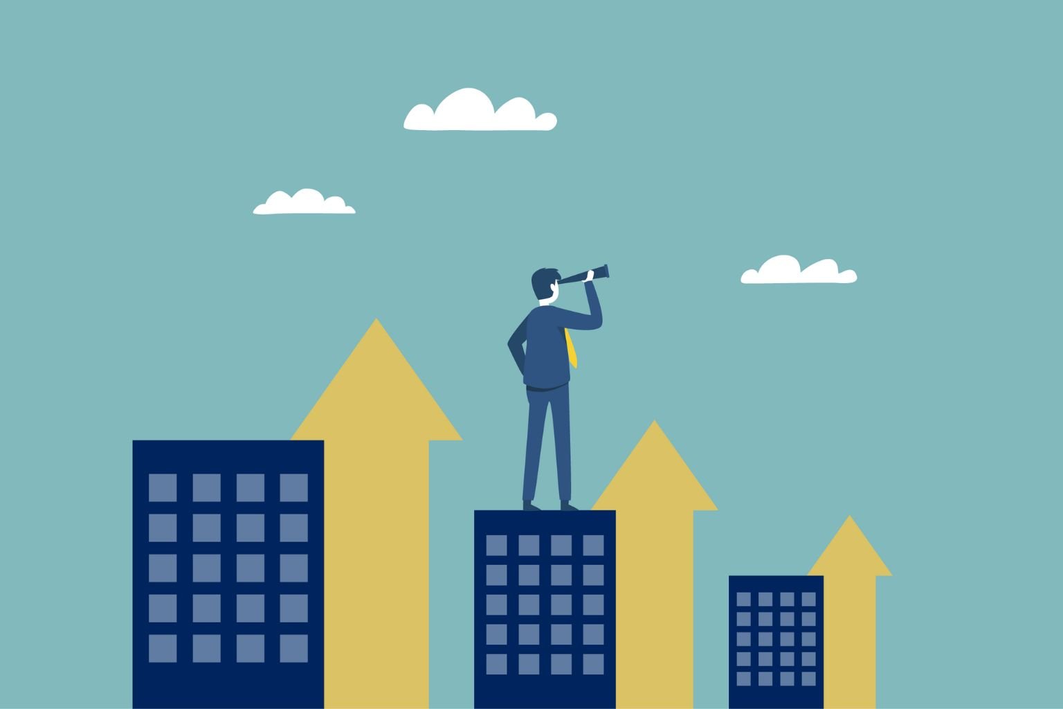 Illustration of a business leader standing on a building and looking ahead with a telescope, symbolizing how to avoid mistakes when growing a capital-intensive business through strategic planning.