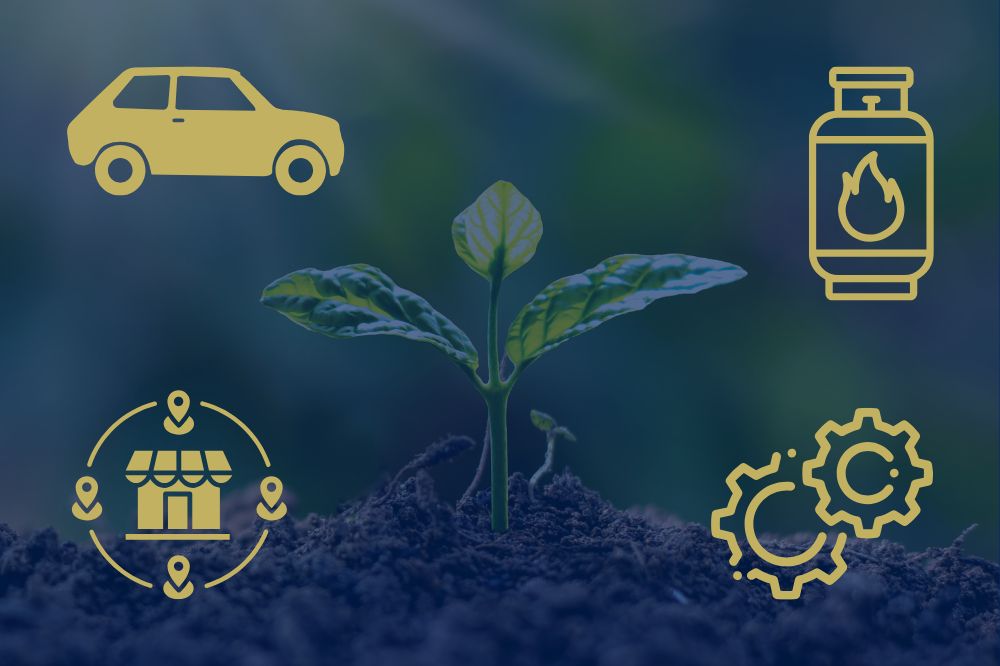 Gold icons representing automotive, propane, franchising, and manufacturing industries surround a growing plant, symbolizing cross-industry business growth and sustainable development.