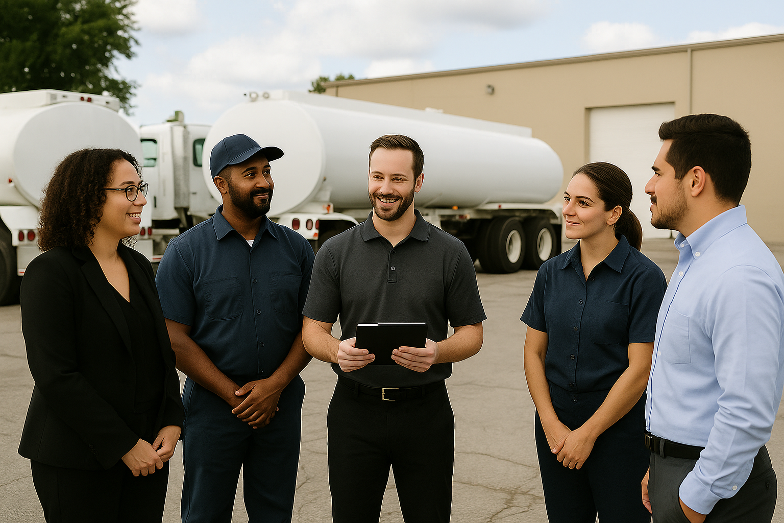 energy business meeting Five fuel company employees, including drivers and office staff, gathered in a service yard in front of tanker trucks, smiling and discussing plans during a team meeting.