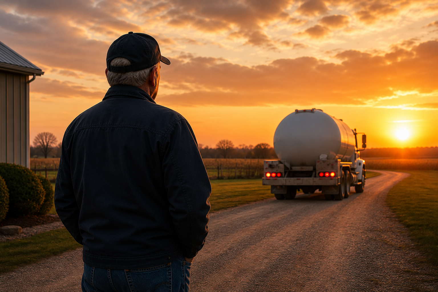 fuel-business-exit-planning-mistakes-propane-owner Propane business owner watching an unbranded delivery truck drive away at sunset, representing fuel business exit planning mistakes and transition risk.