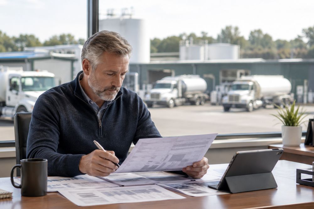 Fuel Business Valuation and Succession Planning Fuel business owner reviewing valuation documents with propane and fuel delivery trucks outside the office window