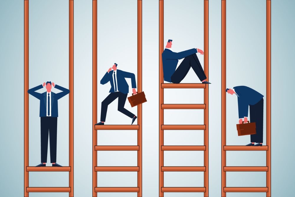 Illustration of business professionals on separate ladders representing stages of leadership development in business growth and organizational progress.