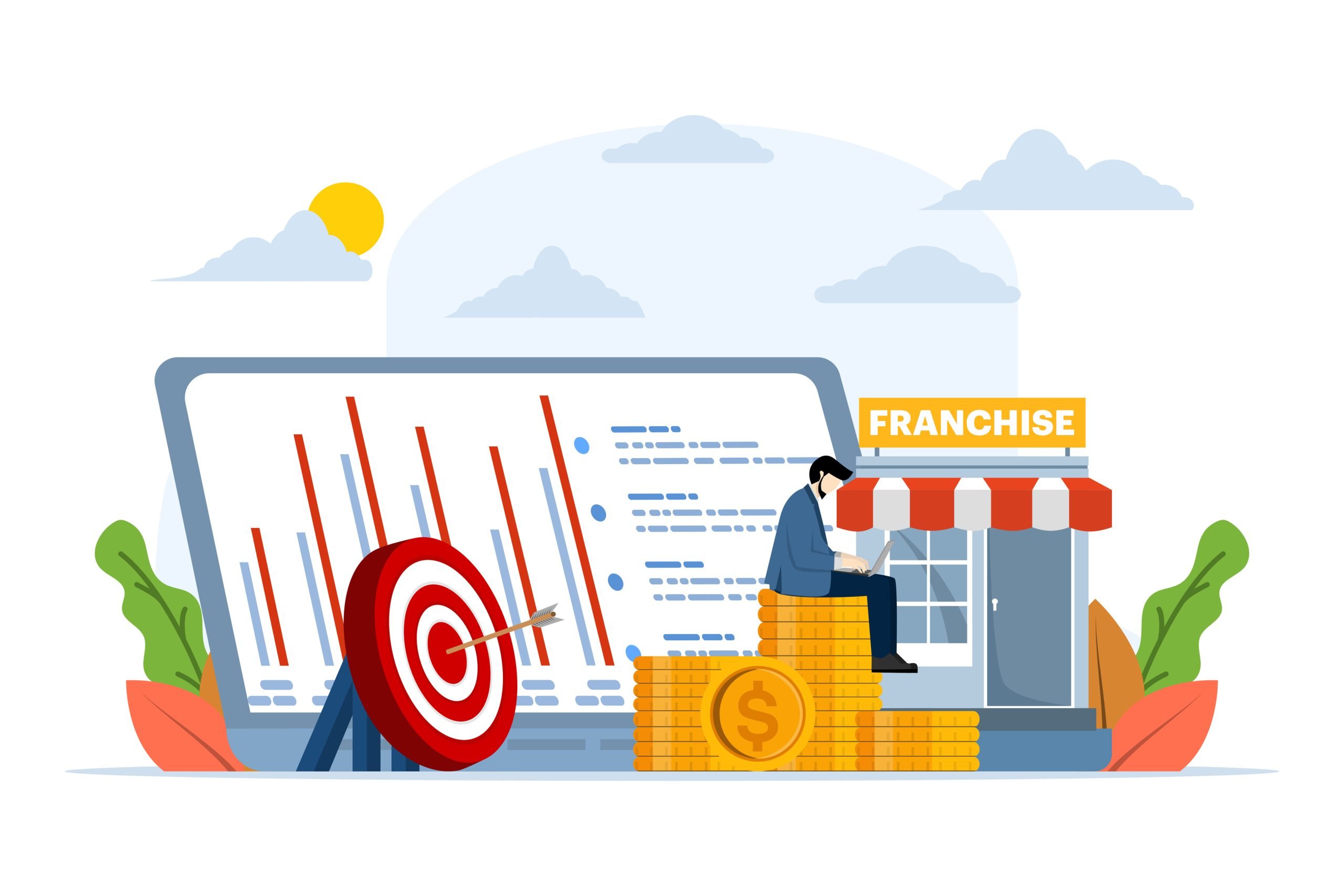 Franchise business branch expansion concept, entrepreneur planning expansion strategy. Small companies, corporations, shops, service chains, retail stores. flat vector illustration on background. Multi-unit franchise owner reviewing business performance data and financial metrics to assess operational structure and succession planning readiness