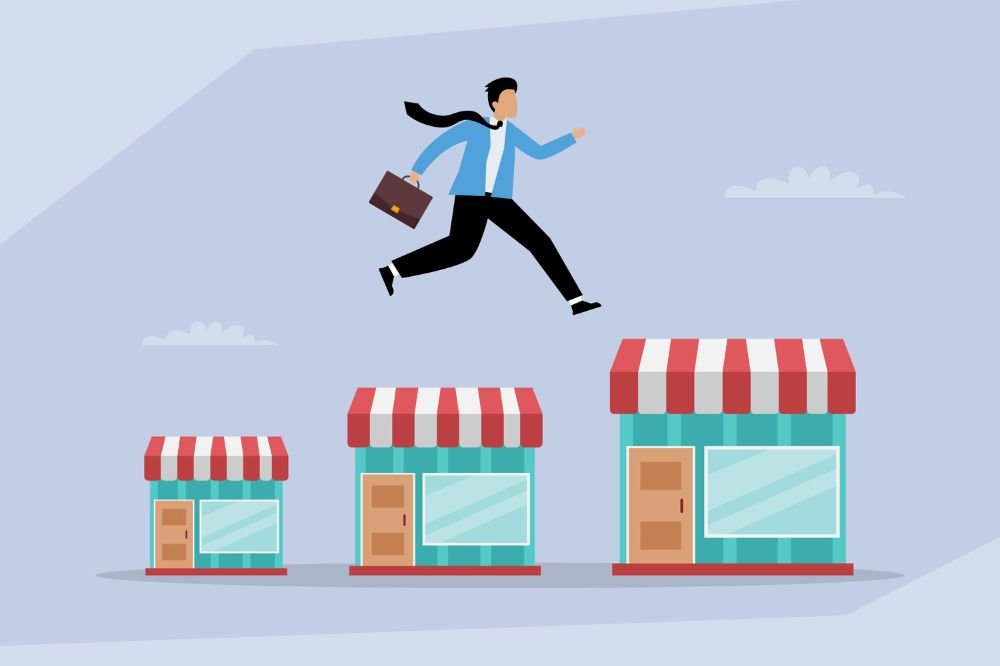 Multi-Unit Franchisee Growth Strategies and Succession Planning Business owner jumping between expanding storefronts representing multi-unit franchisee growth strategies and scalable succession planning