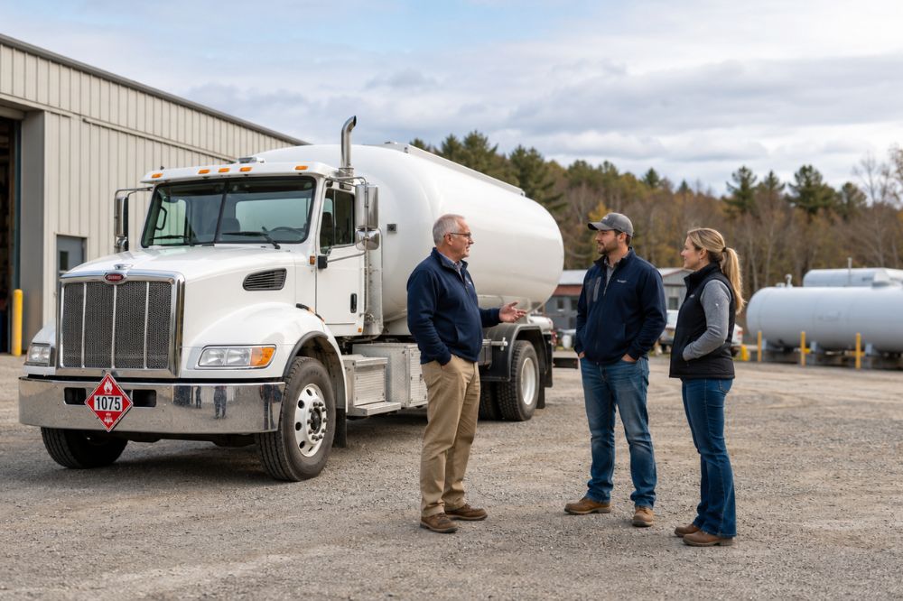 Propane and Heating Oil Succession Plan for Fuel Delivery Businesses Owner and future leadership team standing beside a propane and heating oil delivery truck at a fuel business facility.