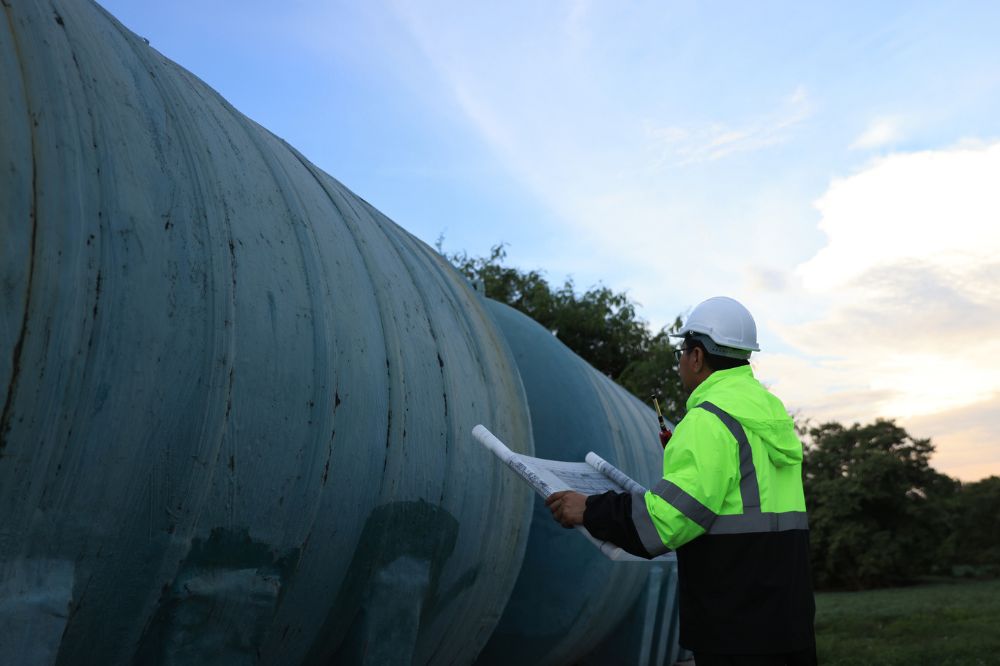 Fuel business leader reviewing operational plans near large storage tanks.
