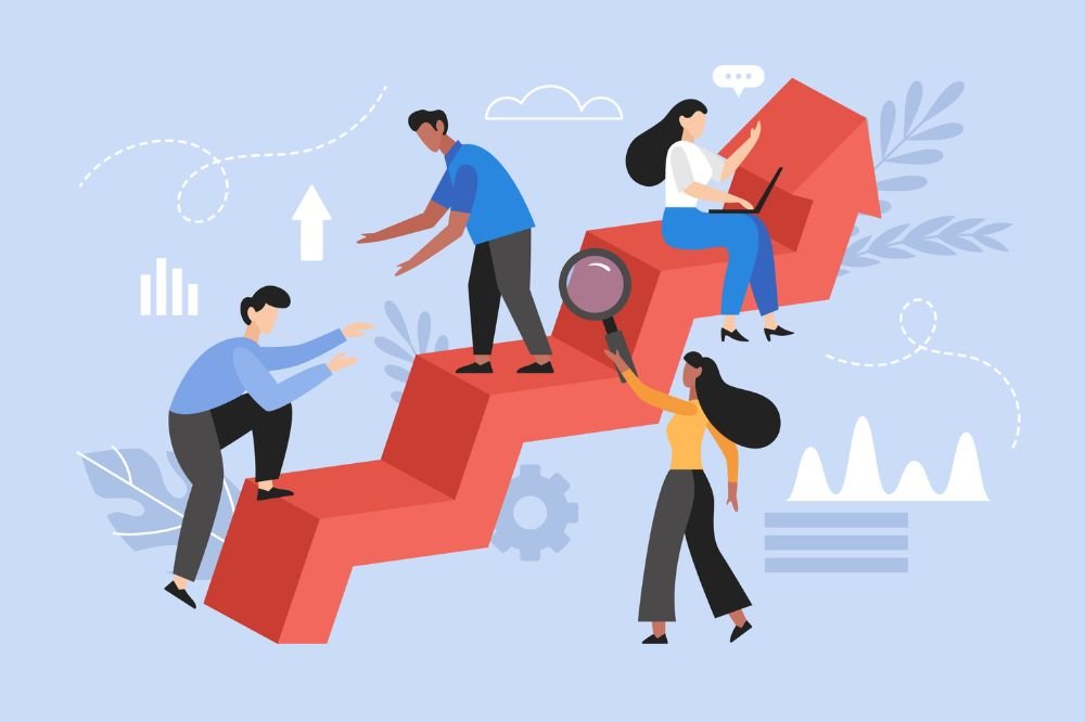 Illustration of business professionals collaborating on an upward arrow chart, symbolizing how the Succession Matrix serves as a growth planning tool within business growth strategies.