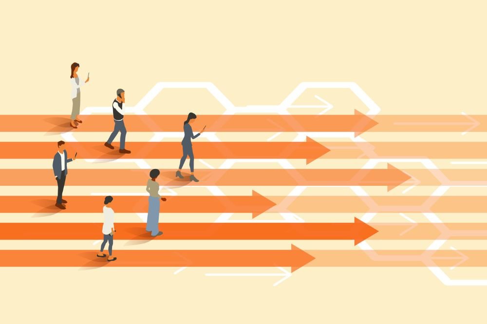 Illustration of business people following different paths for succession planning vs succession management