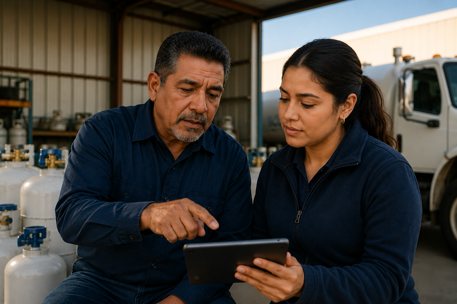 Propane business owner reviewing operations with a young woman successor near propane tanks and a delivery truck.