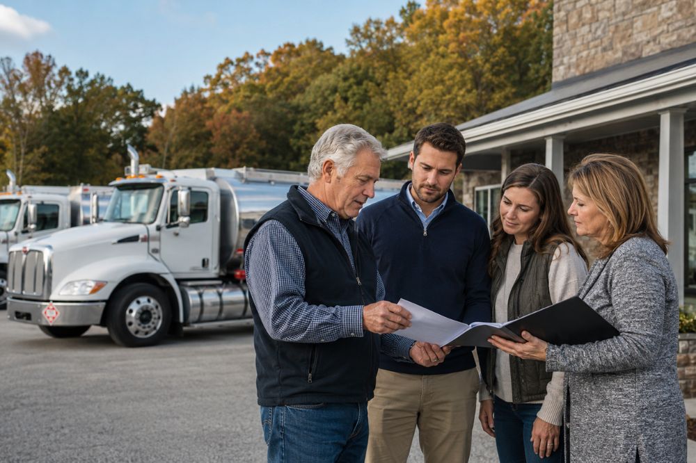 Family Discussing Propane Business Succession Planning Fuel delivery business owner and family discussing propane business succession planning outside their office with delivery trucks nearby.